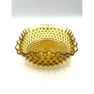 Vintage Amber Hobnail Ruffle Glass Bowl Square Candy‎ Dish